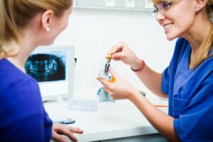 Dentist showing dental implant in Parker, CO